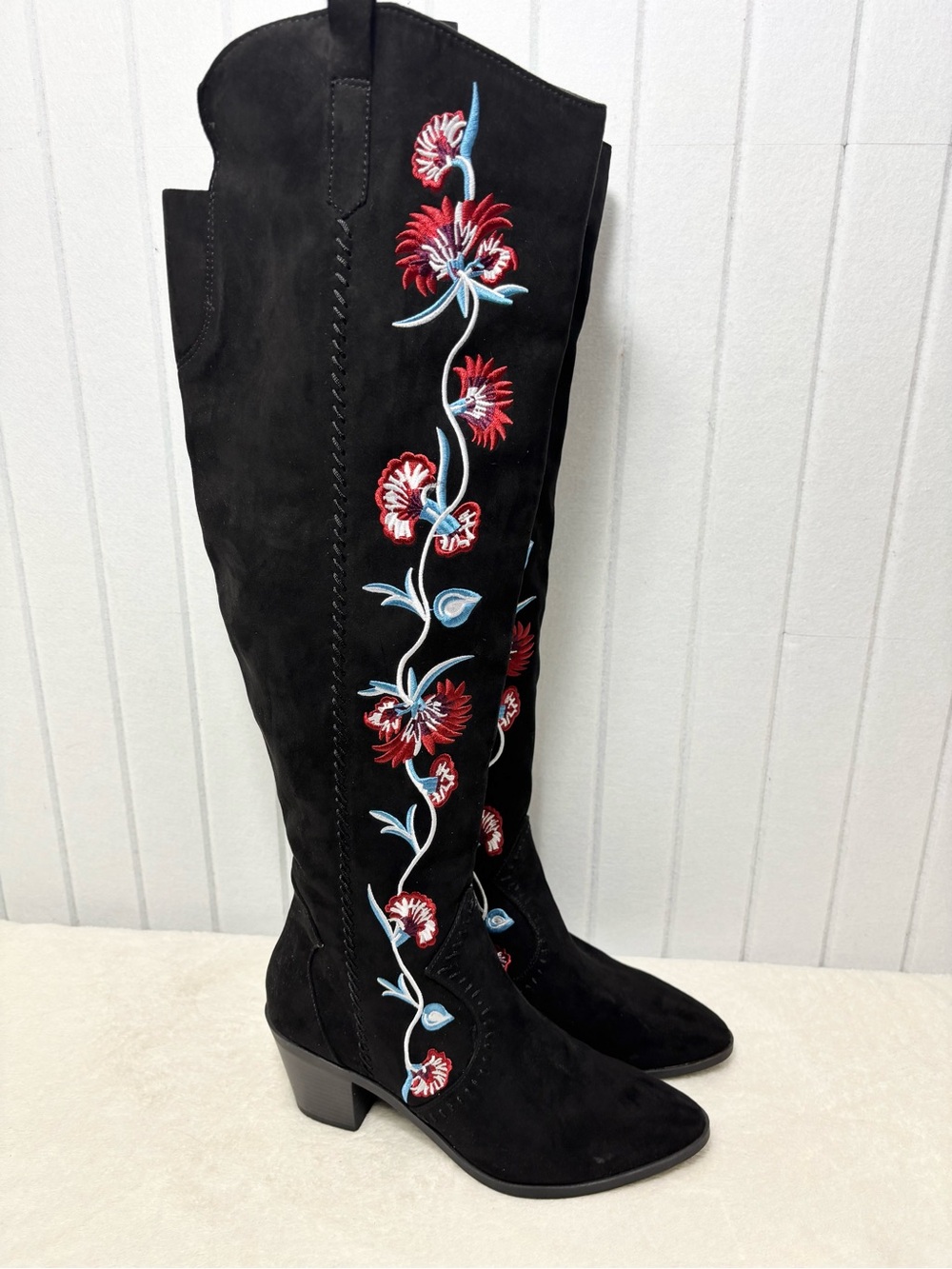 Carlos Santana Alexia Over the Knee Boots Womens 9.5M Black Floral Embroidered - Picture 5 of 16